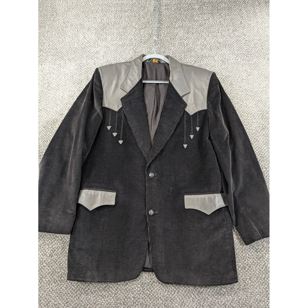 Vtg Pioneer Wear Mens 46L Western Corduroy Blazer Leather Yoke Black Grey USA